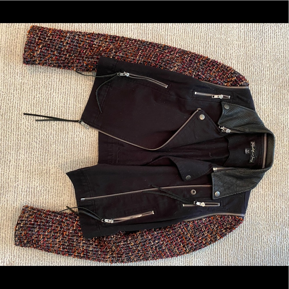 Elizabeth and James Mixed media moto jacket